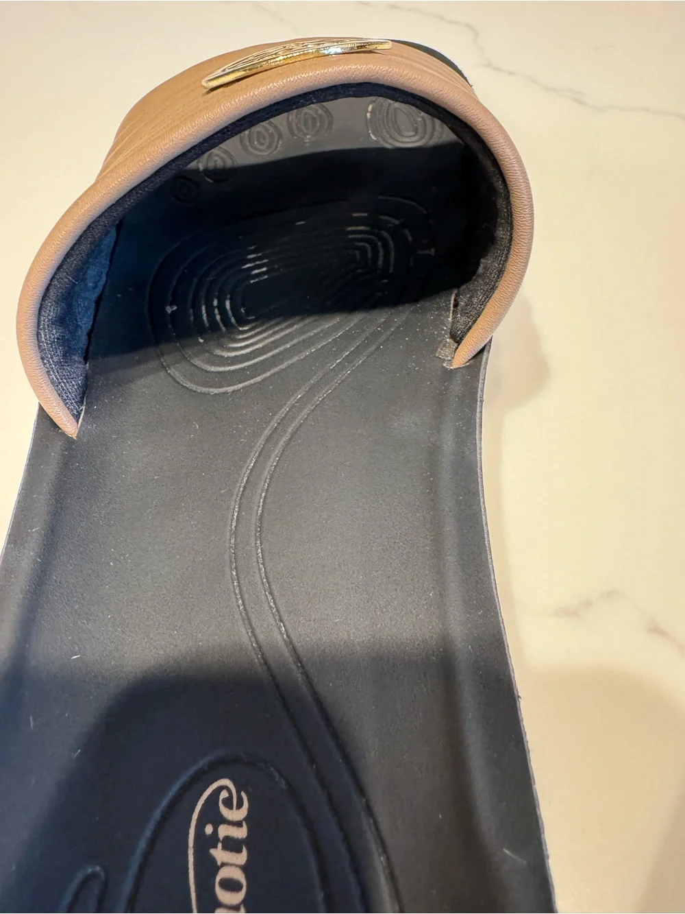 Aerothotic Tan Slide Sandals with Gold Emblem NWOT